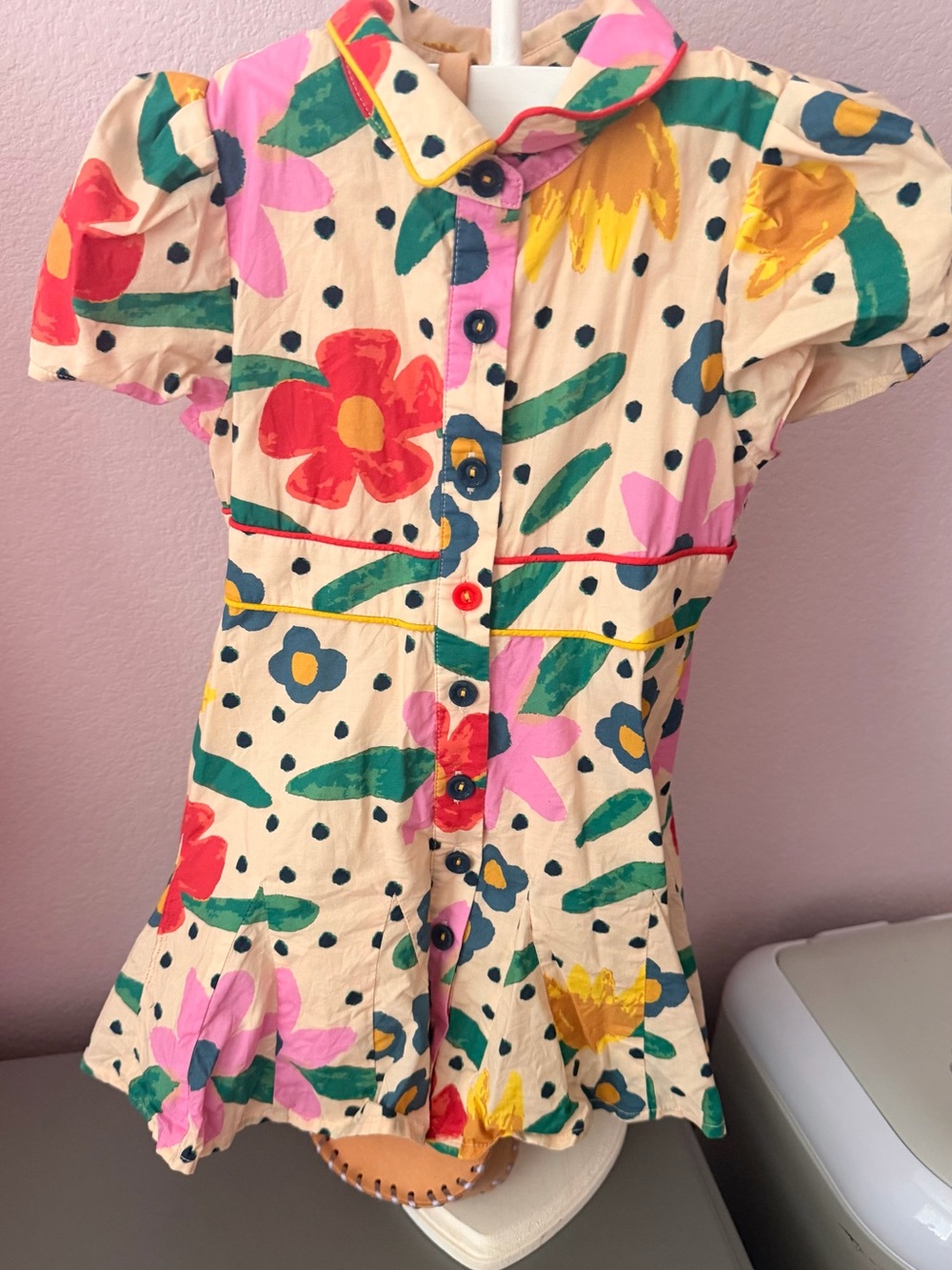 Girls Cream Floral Button-Front dress with Pink & Red Accents